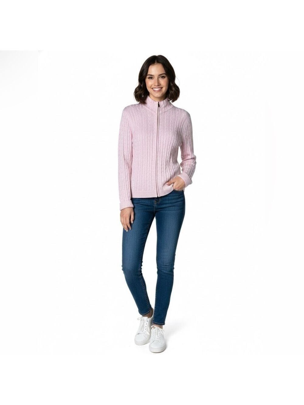 DAILY WOMEN Cotton Blend Pink Long Sleeve Cable Knit Full Zip Cardigan Sweater L